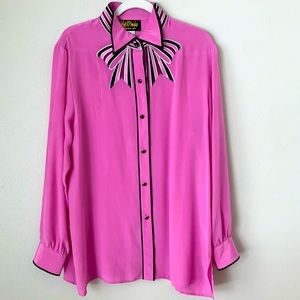 Bob Mackie Hot Pink Vintage Embroidered Blouse 100% Silk - Wearable Art